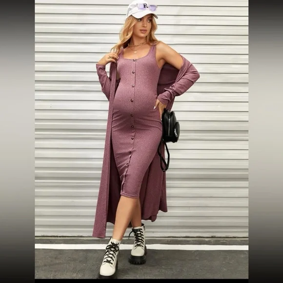 Maternity Button Front Tank Dress with Matching Coat Duster | Color: Pink/Red | Size: SM | Karleen123'S Closet
